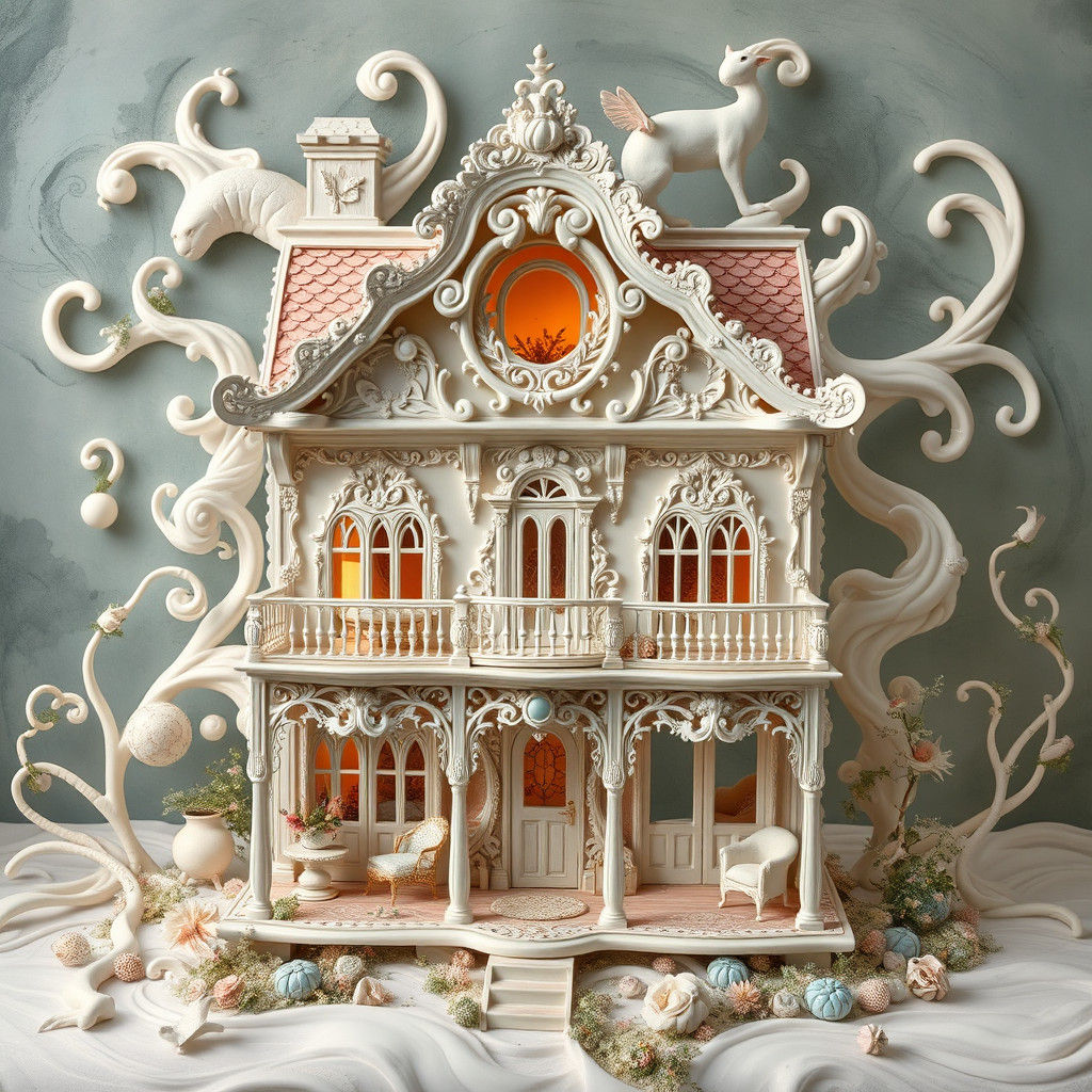 Surreal Dollhouse in Watercolor Style