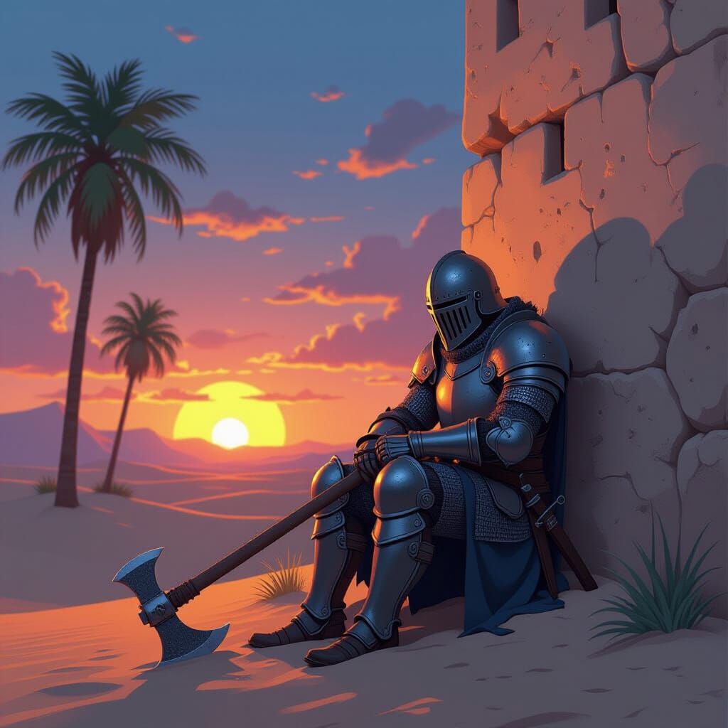 Weary Knight Rests at Sunset in Cel-Shaded Style