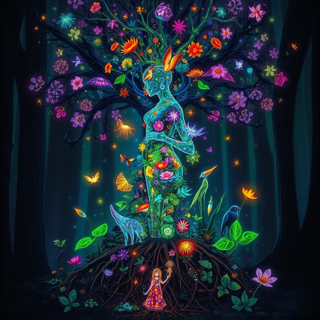 Bioluminescent Plant Kingdom with Mythical Creatures, Art No...