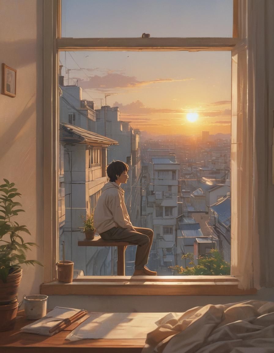 Anime Style Sunset Scene with Golden Light
