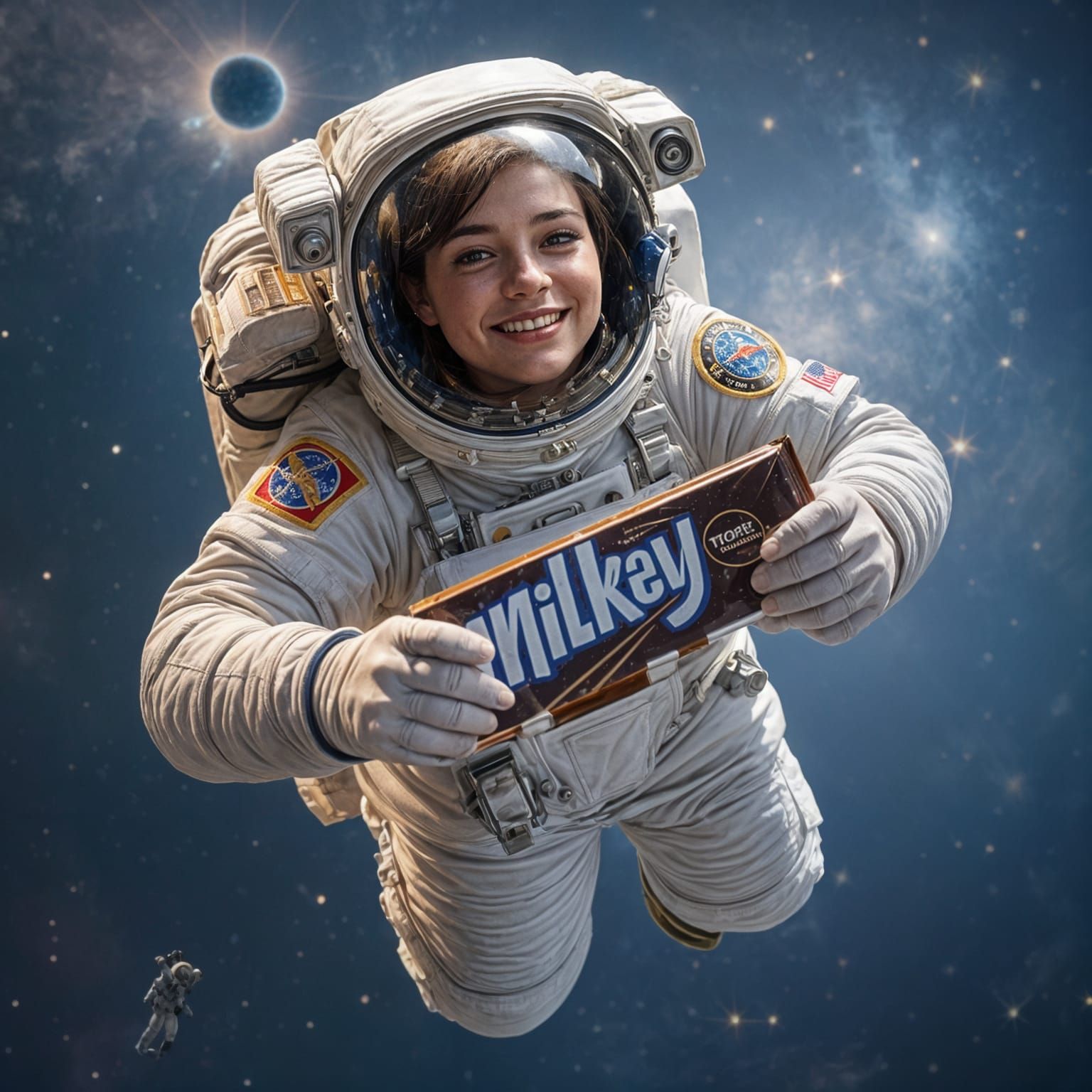 Female Astronaut in Space with Chocolate