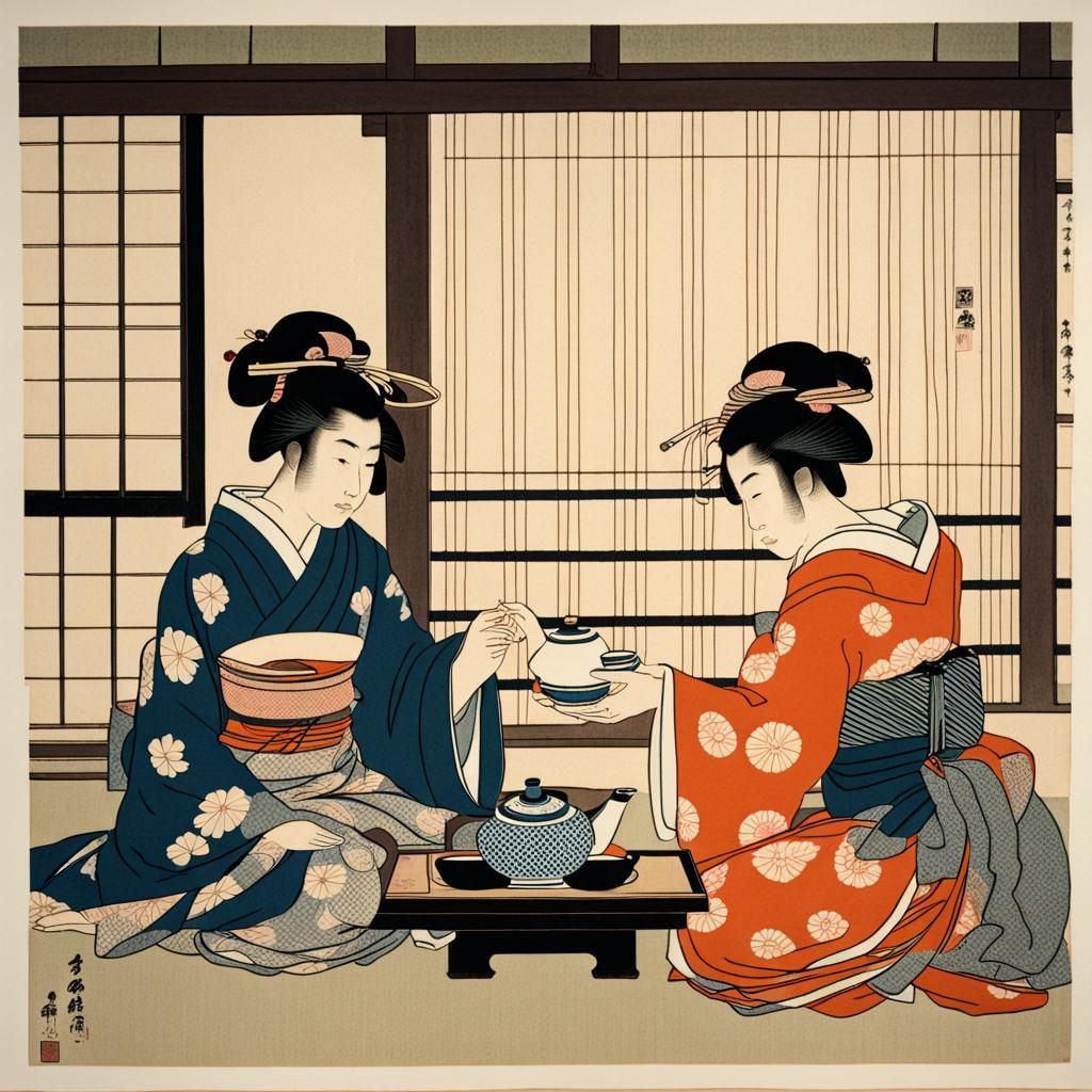 Ukiyo-e Print of Women Serving Tea