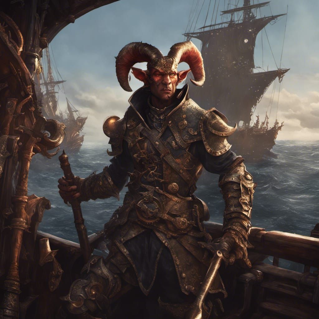 Tiefling Warrior on Pirate Ship: Dark Fantasy Concept Art