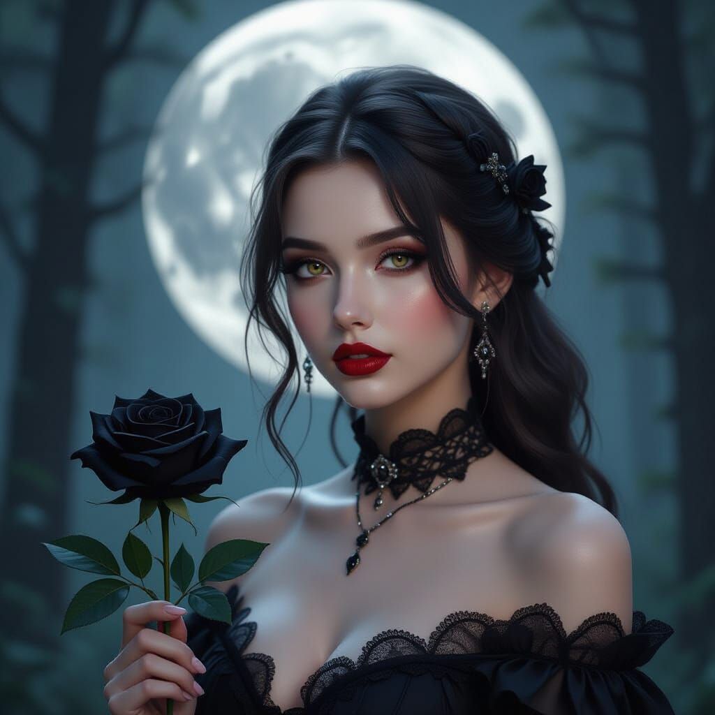 Gothic Brunette Woman in Moonlit Forest with Black Rose