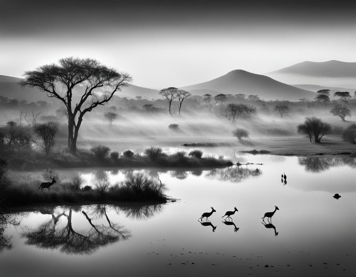 Pilanesberg Reserve Park at Dawn: Black and White