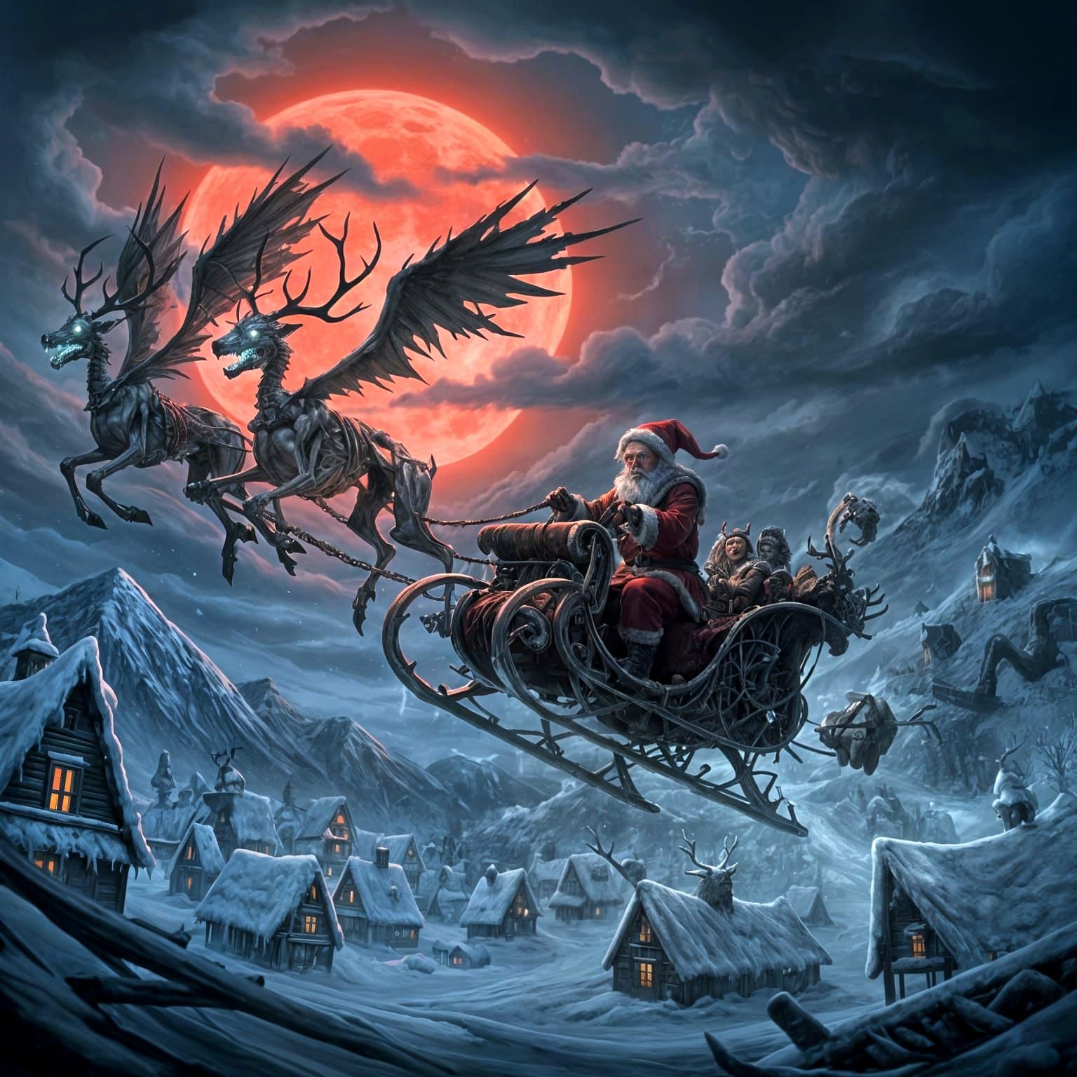 Dark Santa's Haunted Sleigh Ride Over Snowy Village