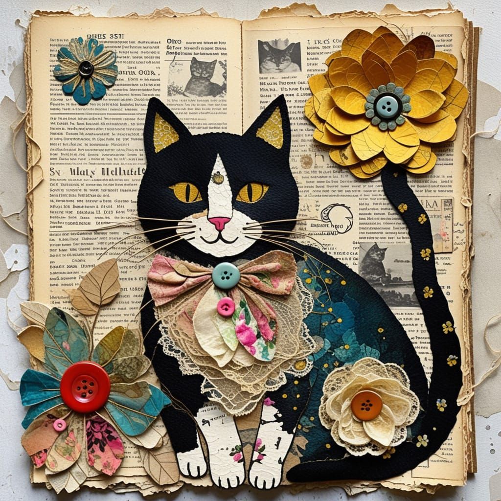 Surreal Whimsical Cats in Vibrant Mixed Media Art
