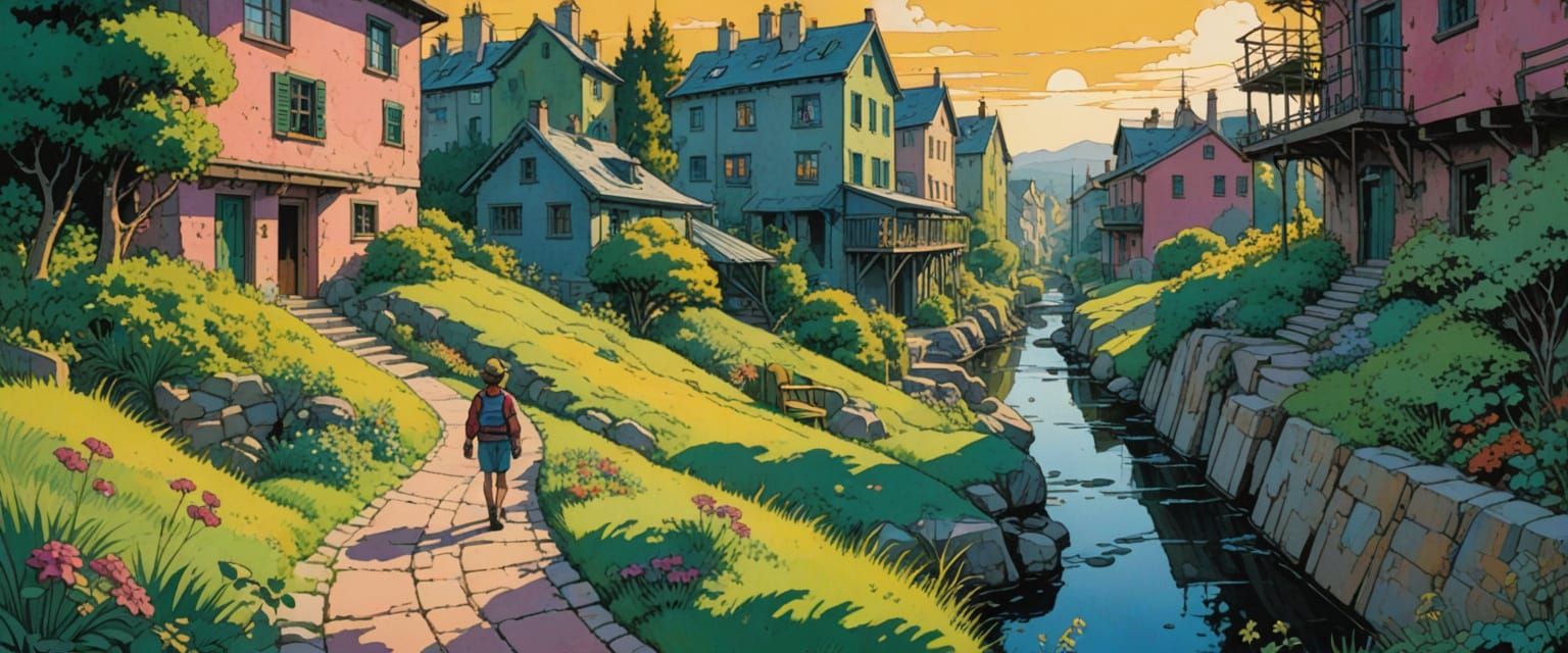 Quaint Village Scene in Watercolor Comic Book Style