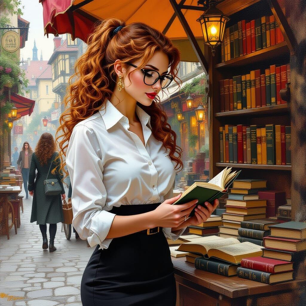 Elf Woman at Bookseller Cart in Fantasy Oil Painting Style