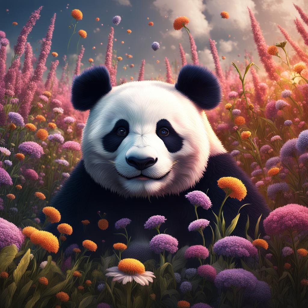 Panda Made of Flowers Playing in Field