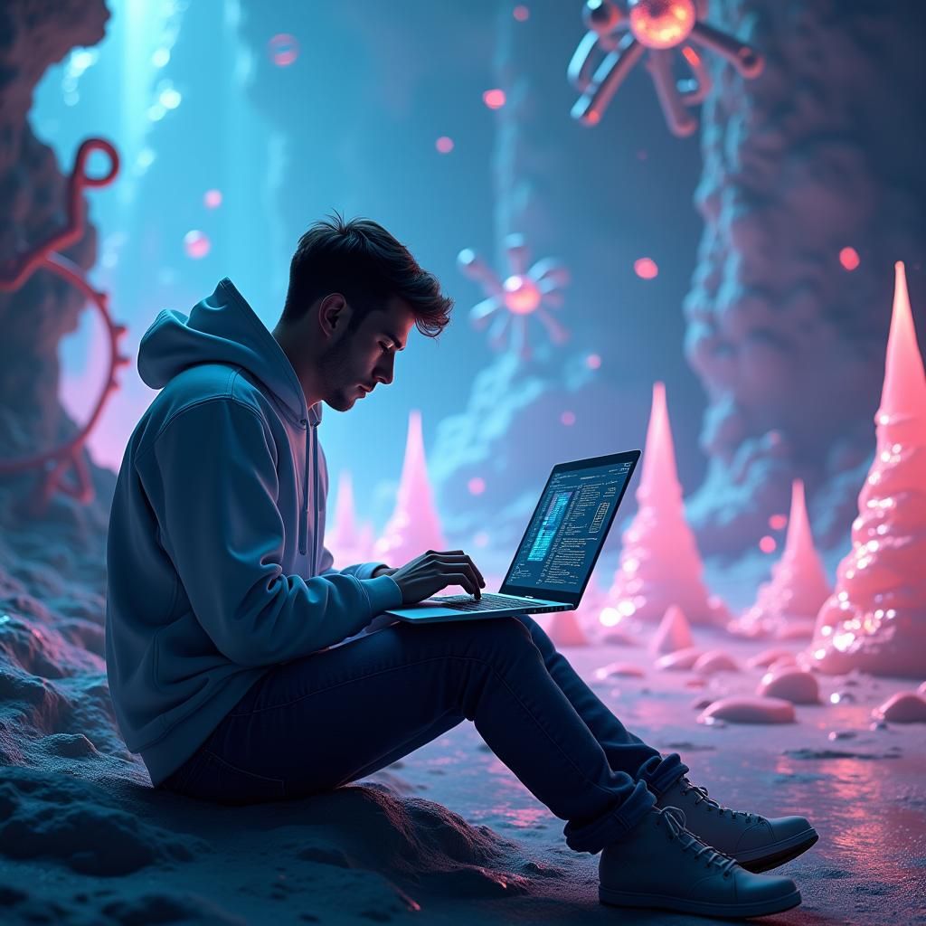 Chemistry Student Immersed in Molecular World, 3D Render