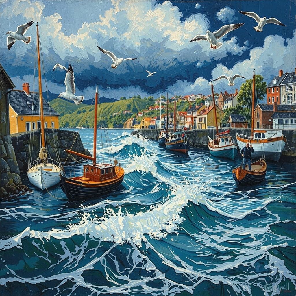 Stormy Harbor Scene in Expressionist Style