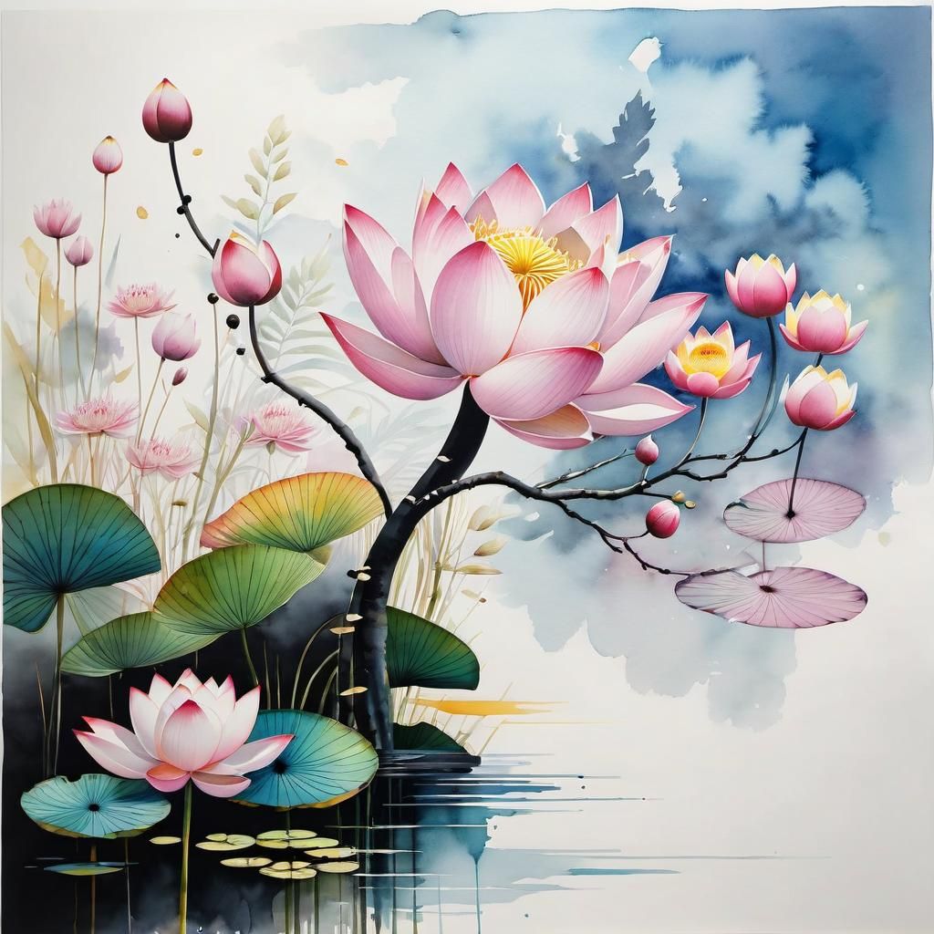 Lotus Flowers and Herons in Modern Ink Style