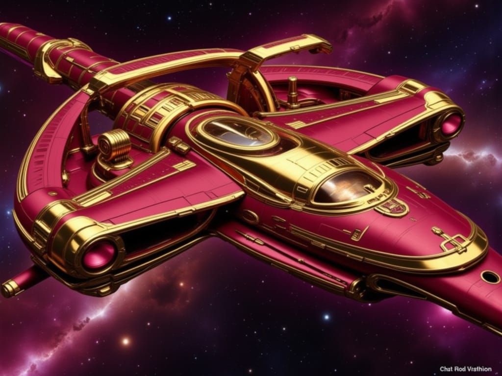 A shiny red and gold spaceship floats in a purple space.