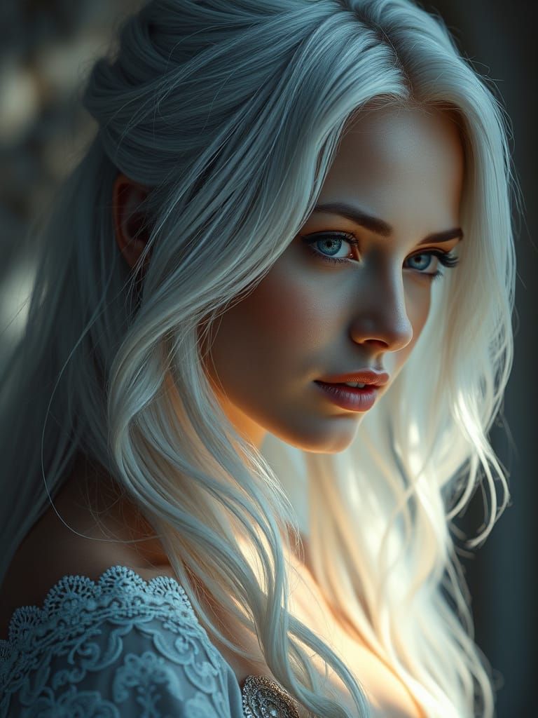 Elegant Woman with White Hair in Cinematic Lighting