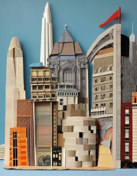 "Whimsical cityscape collage art". Crafted from a patchwork of vintage travel brochures and ticket stubs. Incorporating ...