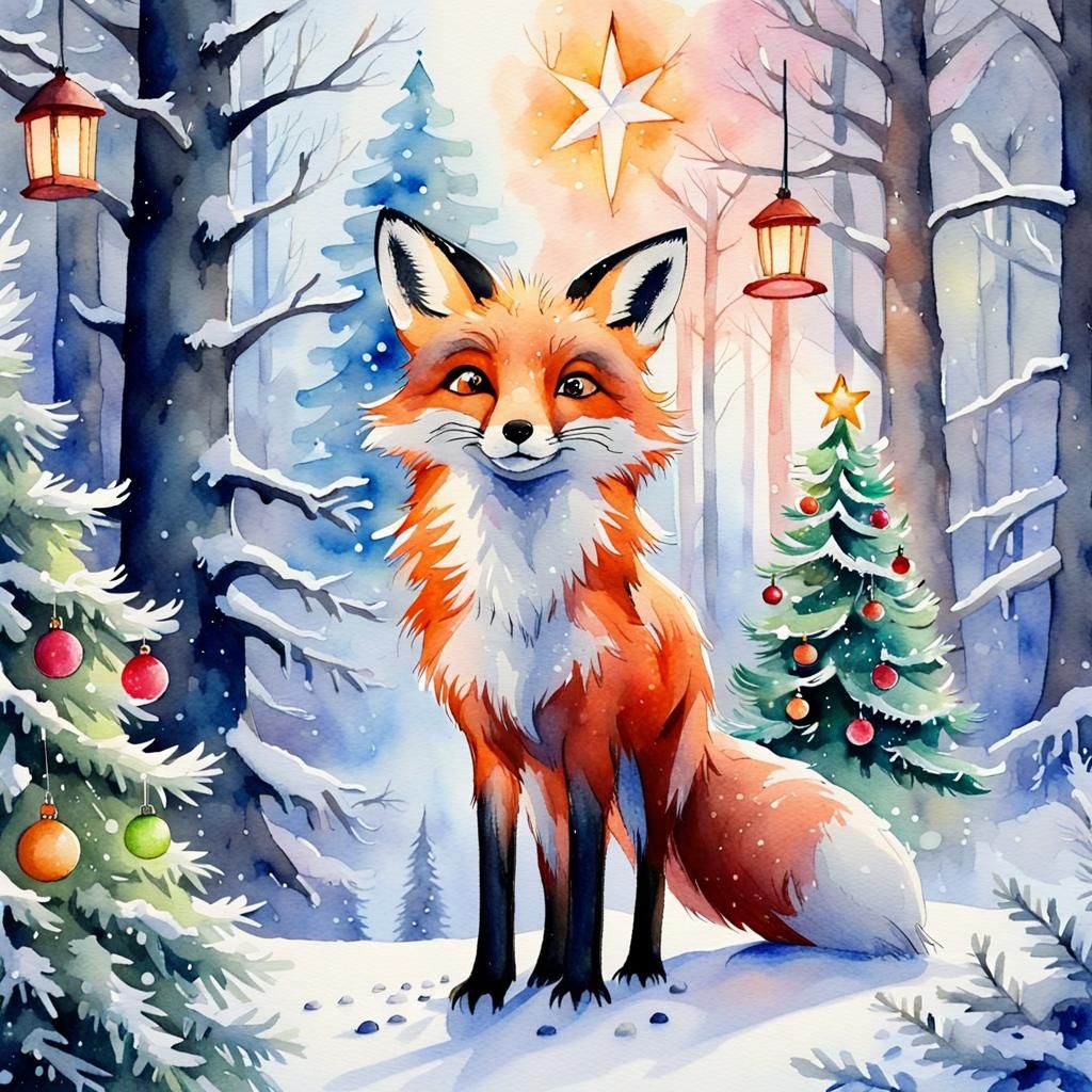 Fox and Christmas Tree Watercolor Painting