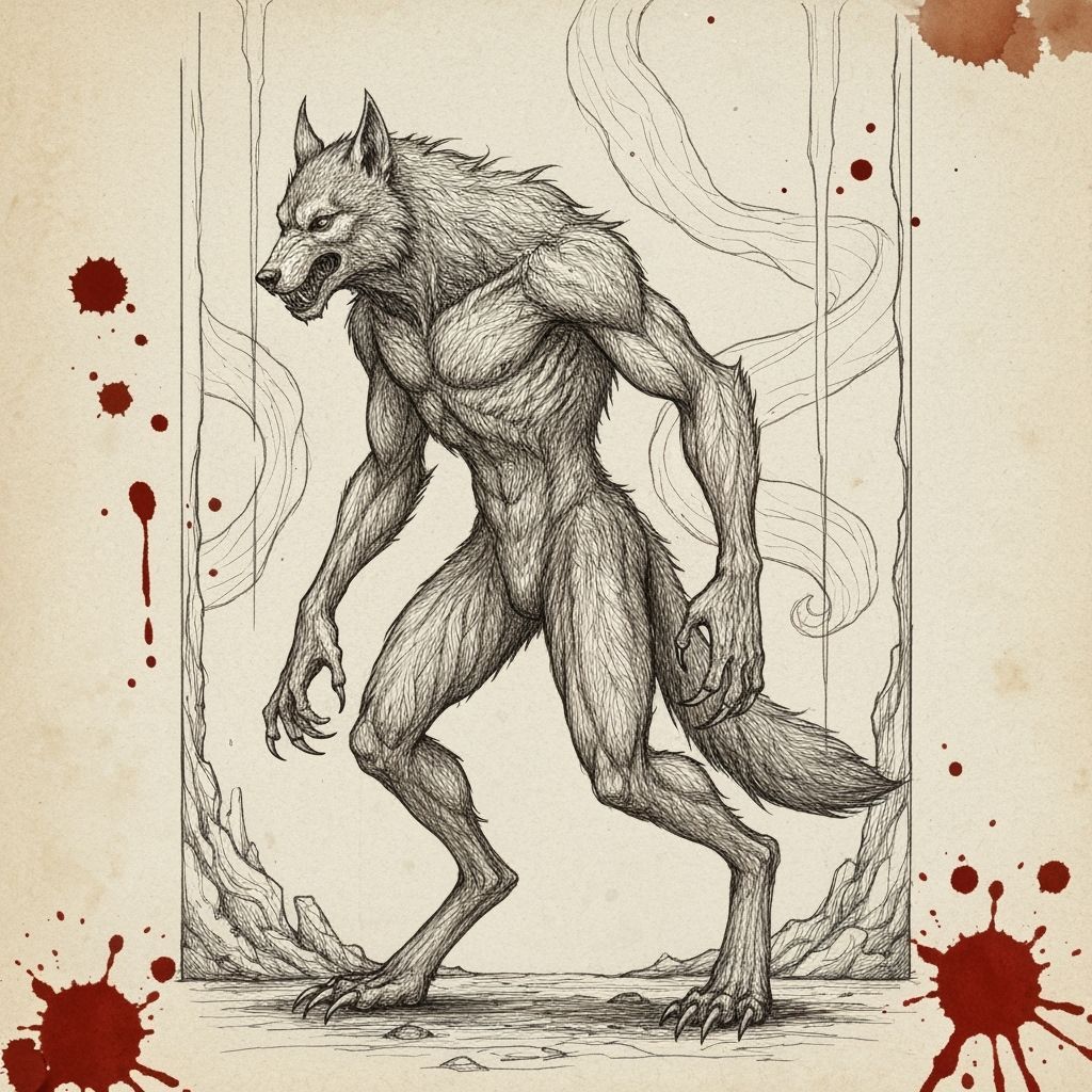 Detailed Werewolf Sketch in Sepia, Gothic Horror Style