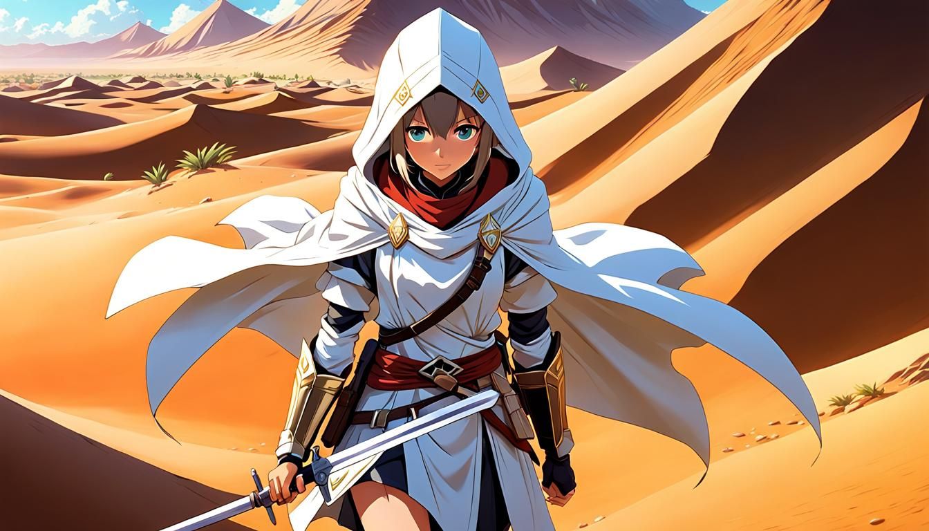 Ghibli-Style Anime Assassin in Desert Landscape