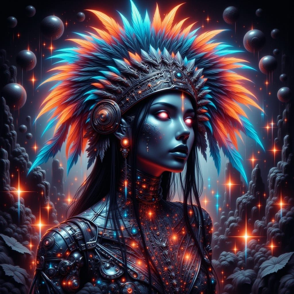 Native American Robot Portrait with Neon Circuitry and Cosmi...