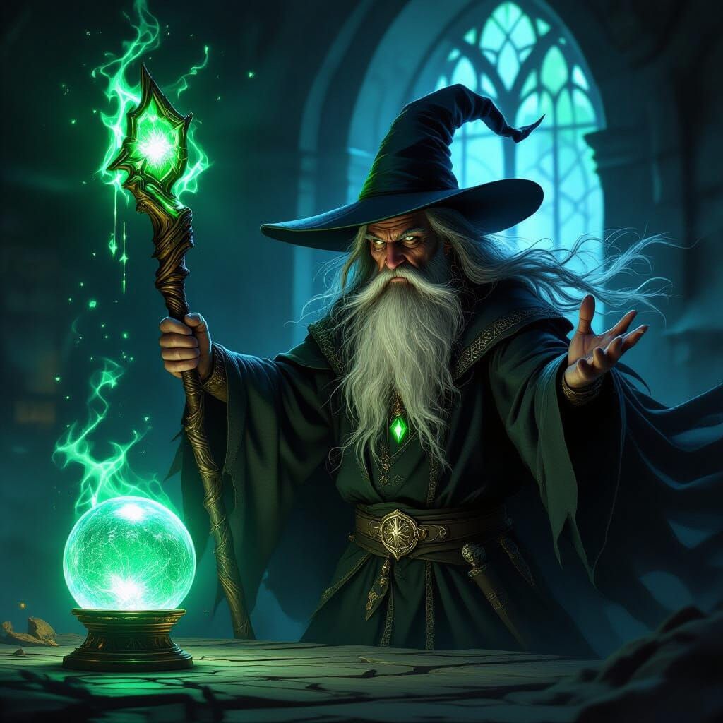 Dark Wizard Wields Glowing Crystal Staff