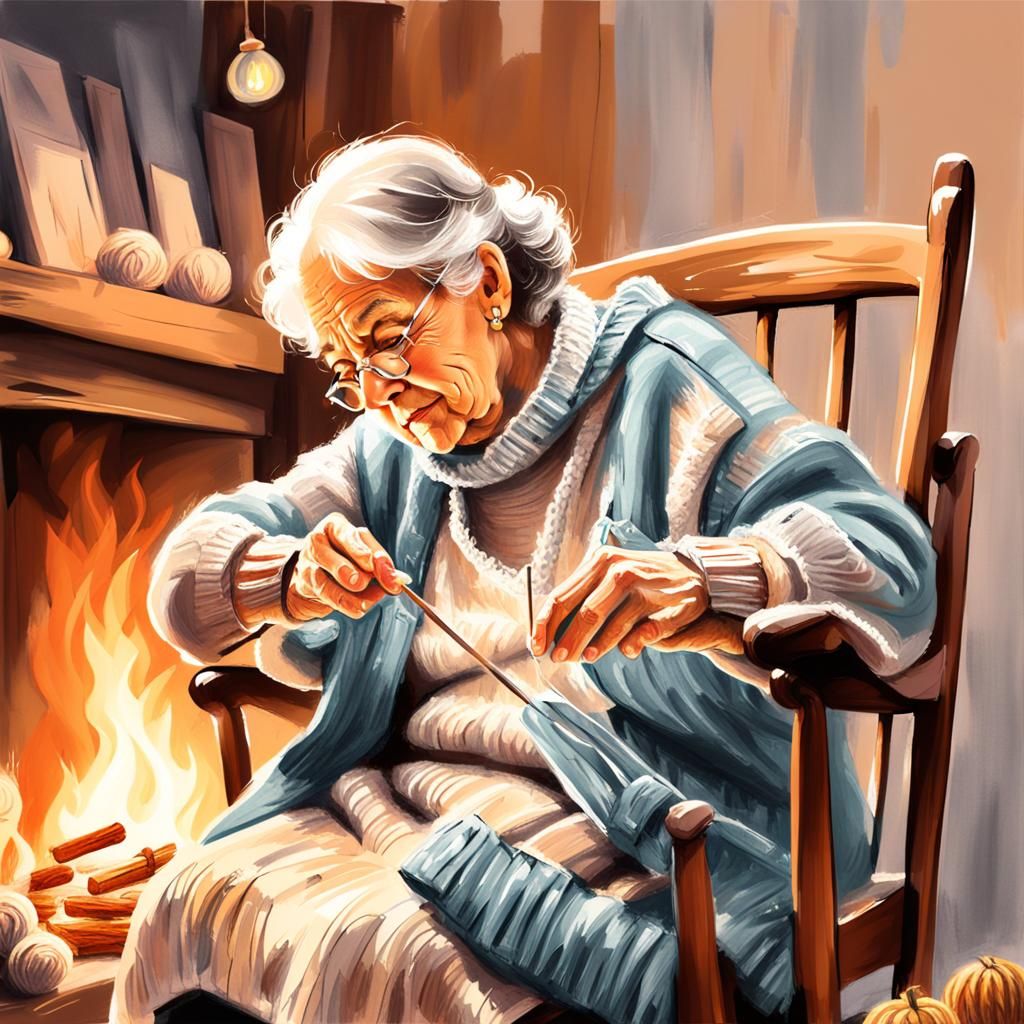 Cozy Italian Grandmother Knitting: Whimsical Pastel Art