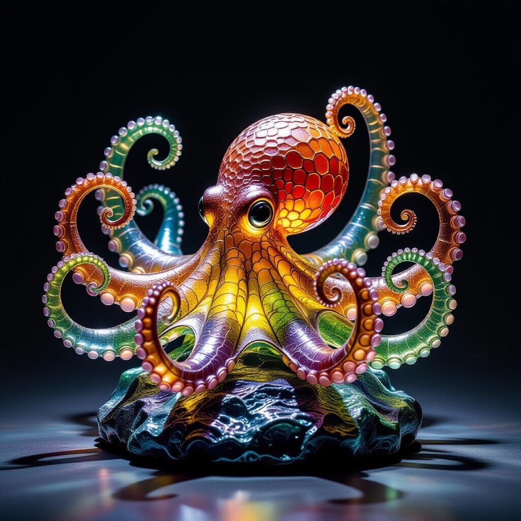 Sea Glass Octopus Sculpture with Art Nouveau Flair