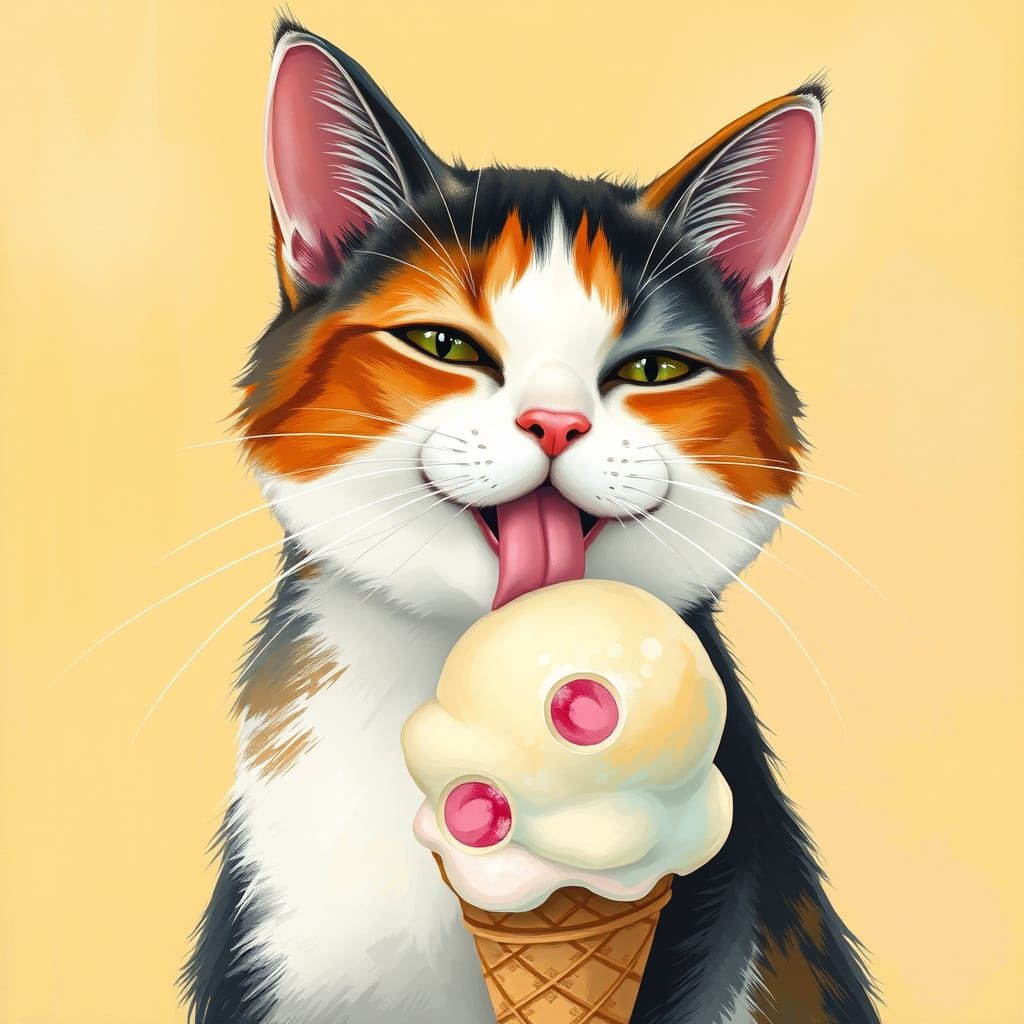 Vibrant Calico Cat Delights in Pastel Ice Cream