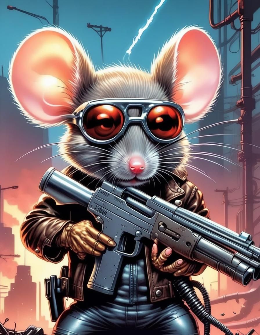 Mouse as 1980s Cyborg Terminator in Comic Art