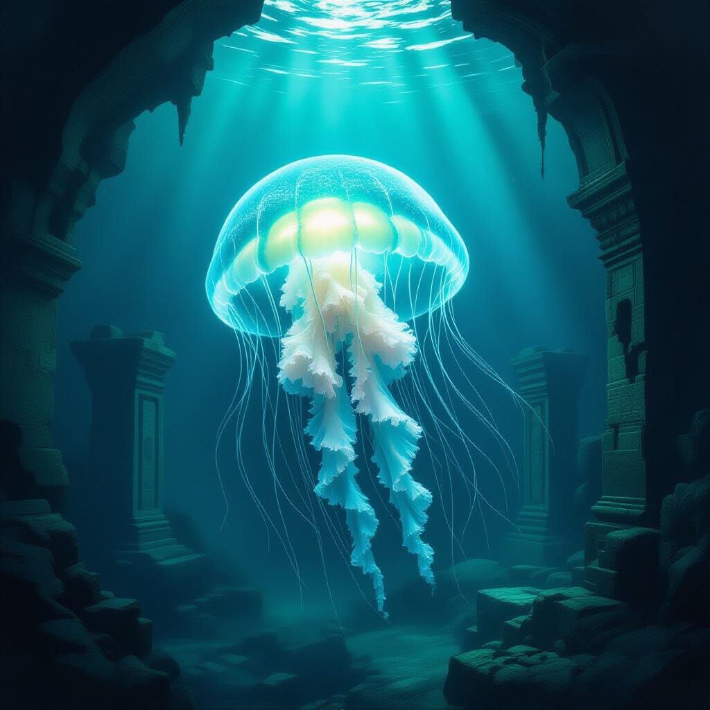 Bioluminescent Jellyfish Ghost in Underwater Cavern