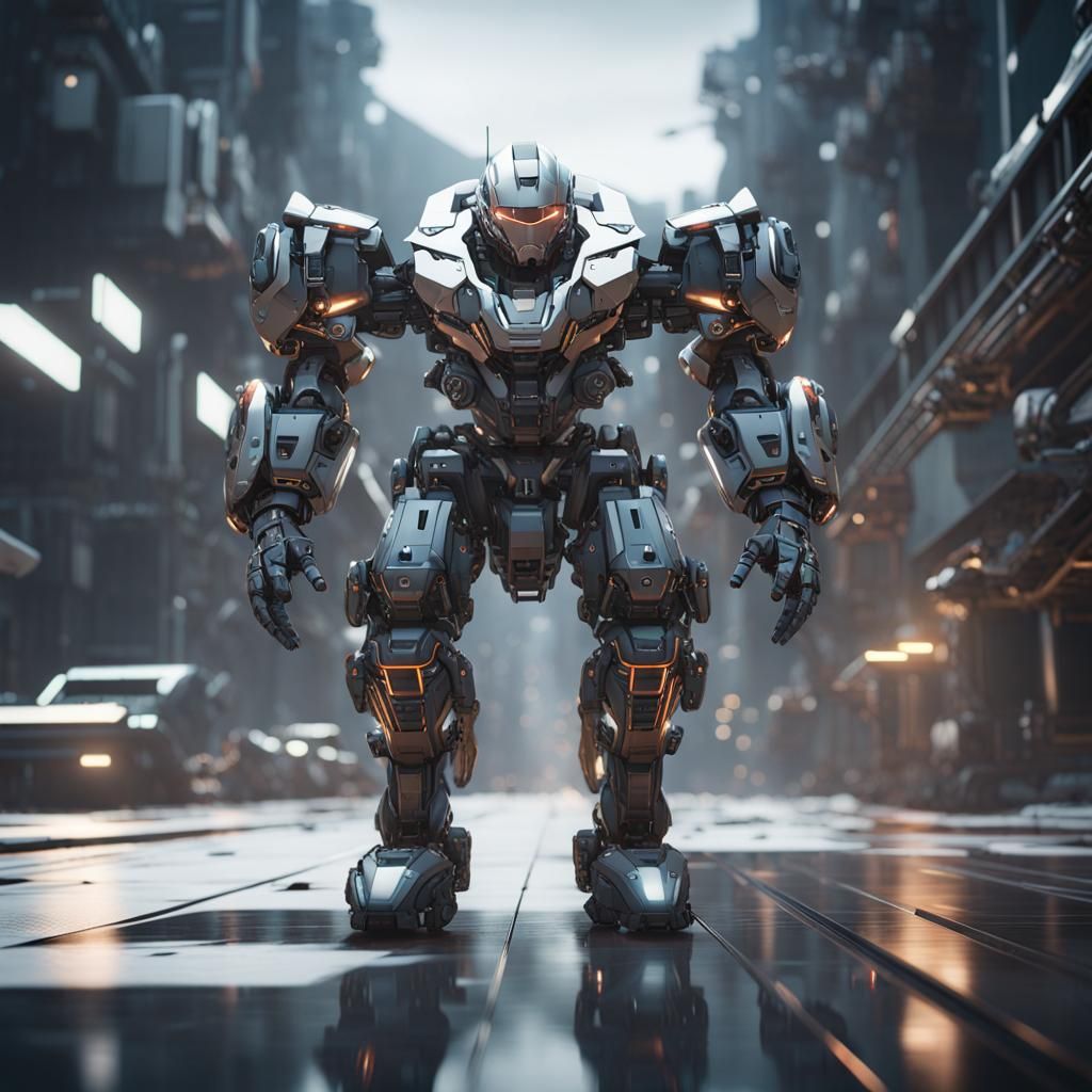 Man Driving Intricate Mech Suit in Sci-Fi City