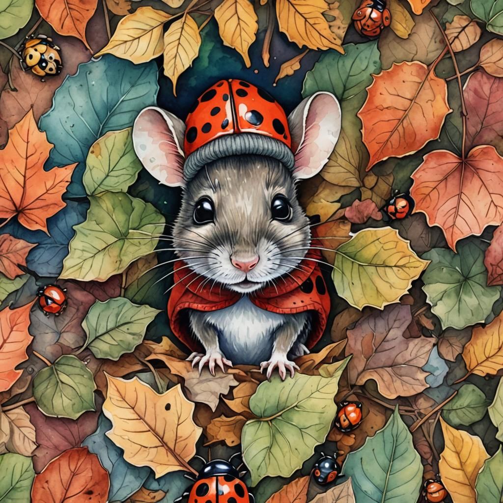 Mouse and Ladybug in Autumn Leaves, Alcohol Ink Art