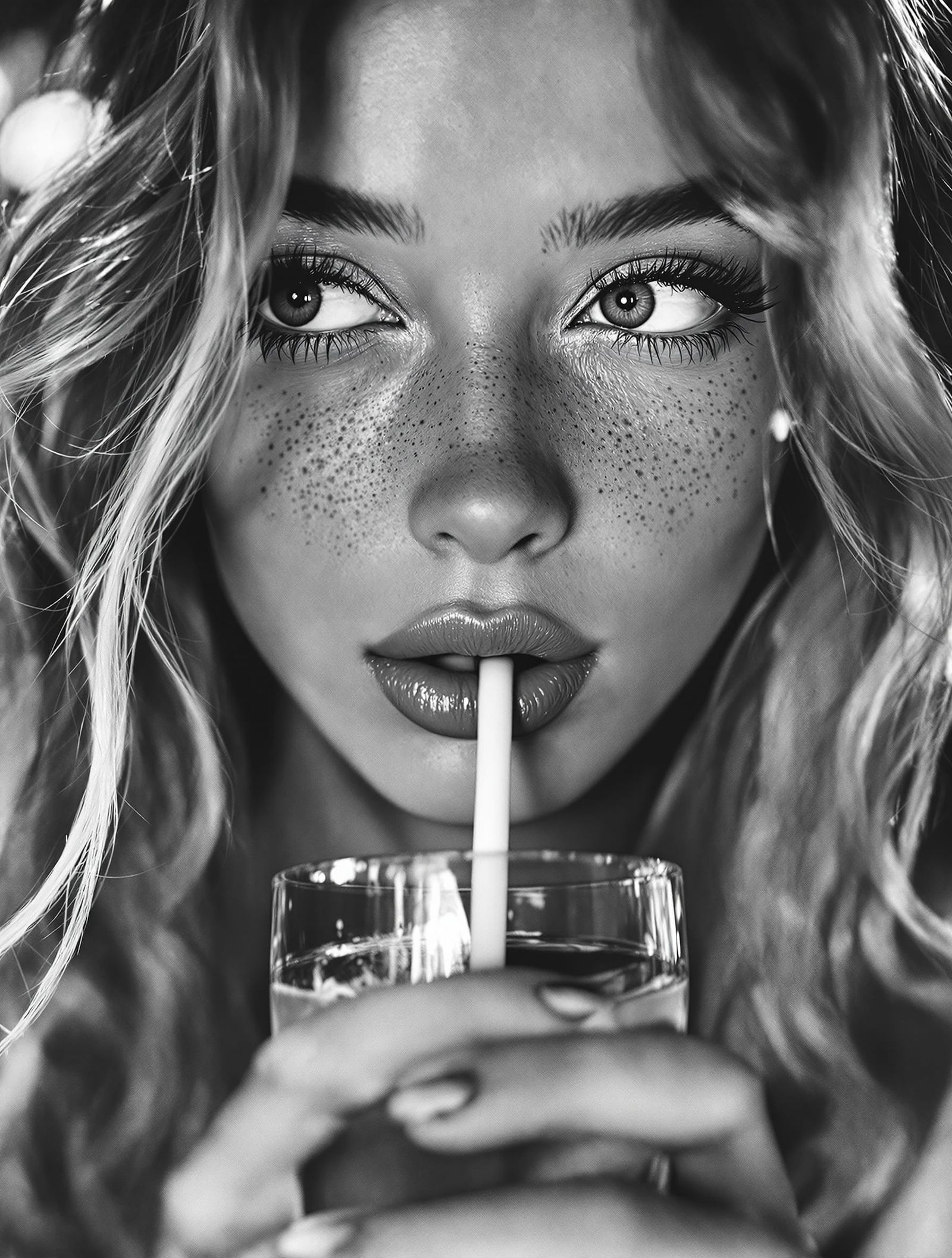 Young Woman Sips Drink in 1970s Transgressive Art Style