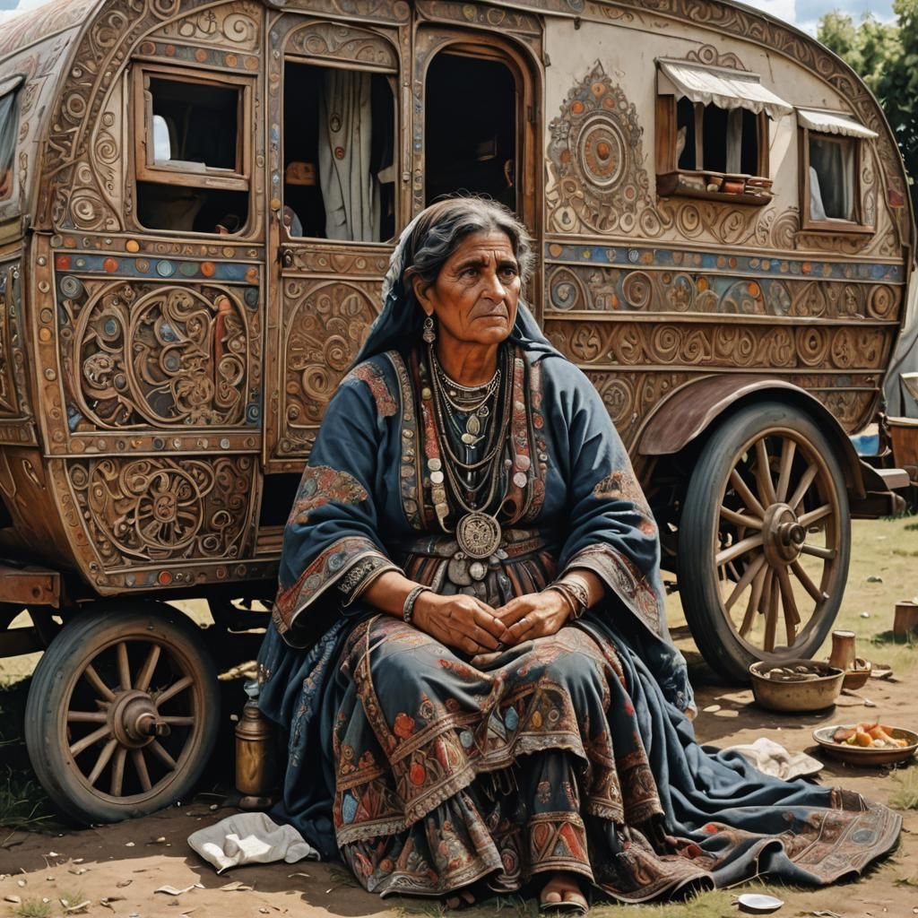 Detailed Portrait of Romani Woman by Caravan