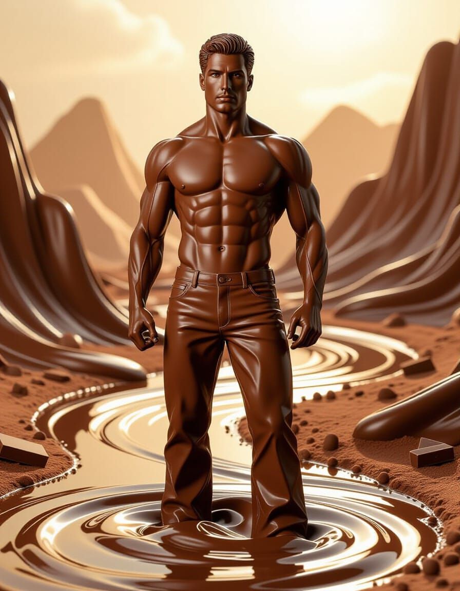 Hyper-Realistic Chocolate Man Sculpture in Ganache Landscape