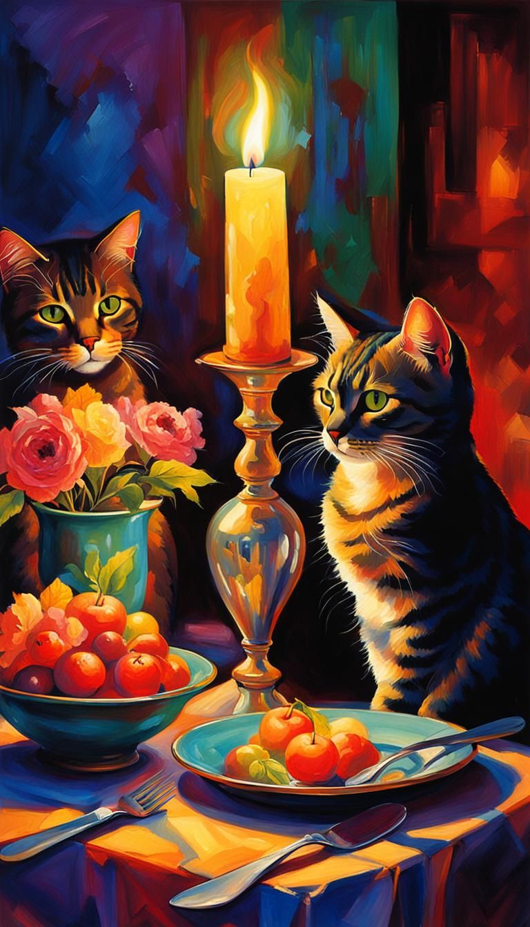 Cats Dine by Candlelight in Colorful Chiaroscuro