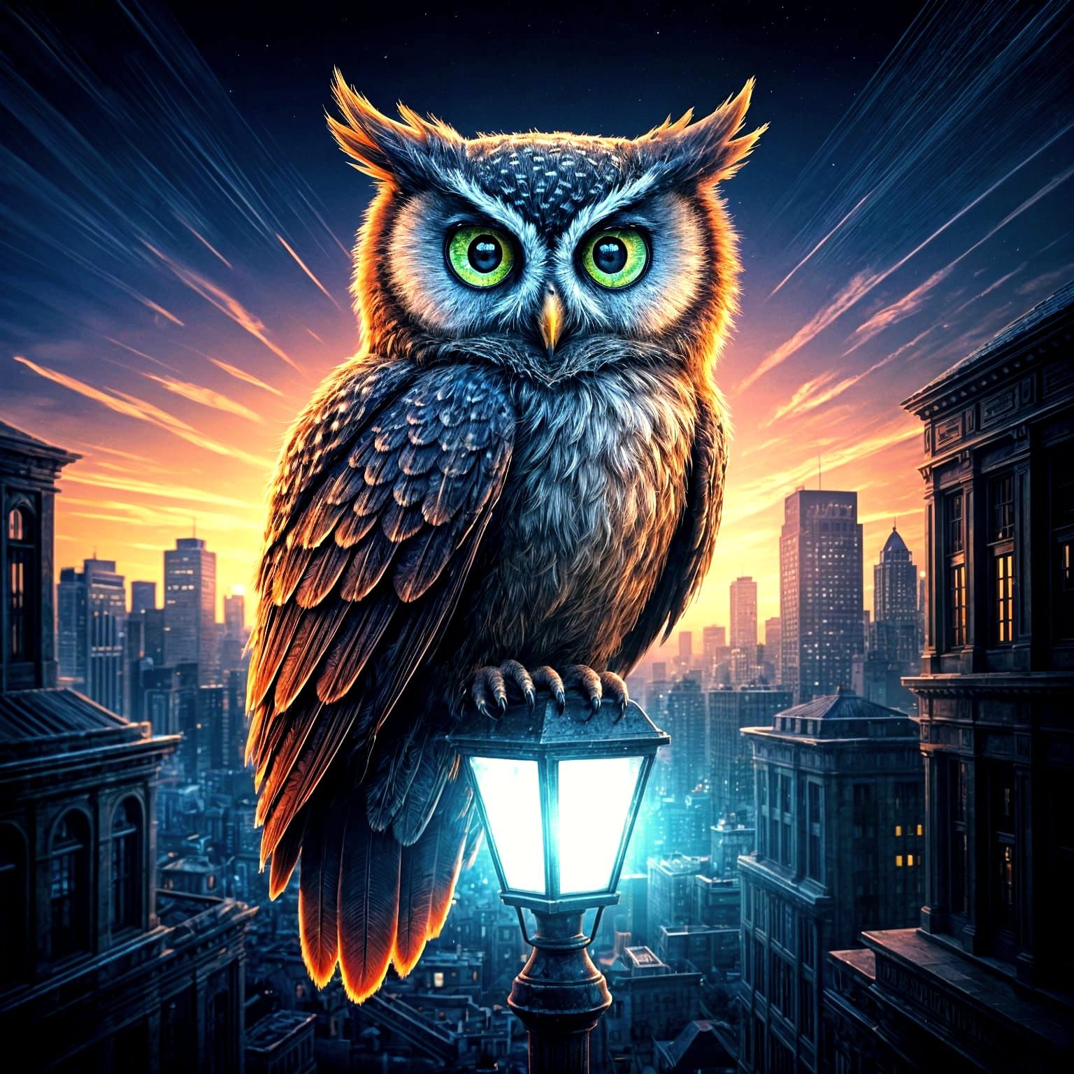 Owl Perched on Lamp Post with Cubist Feathers