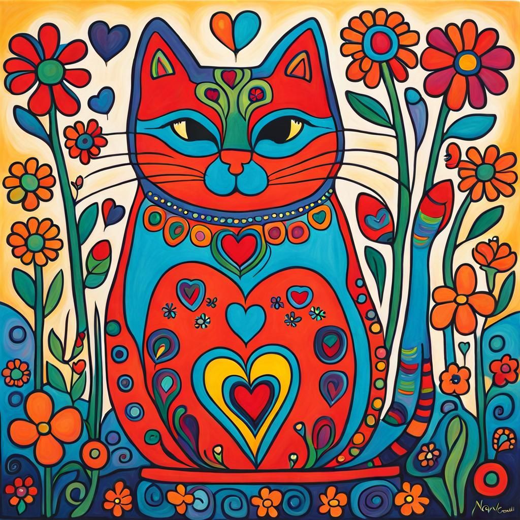 Cat on Pillow in Indigenous Folk Art Style