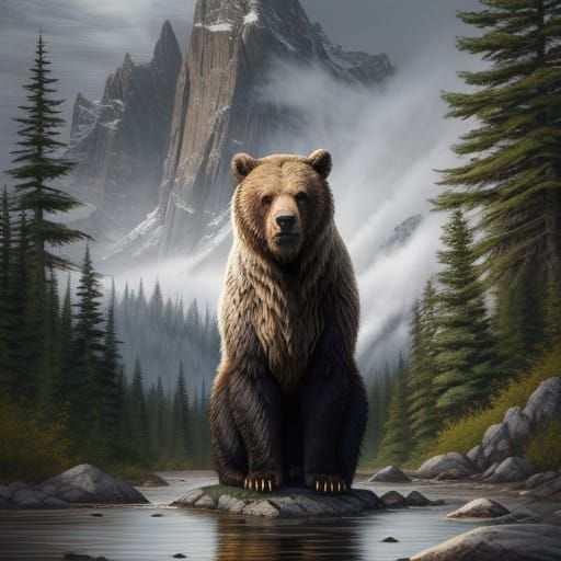 Golden Grizzly Bear in Misty Mountain Landscape