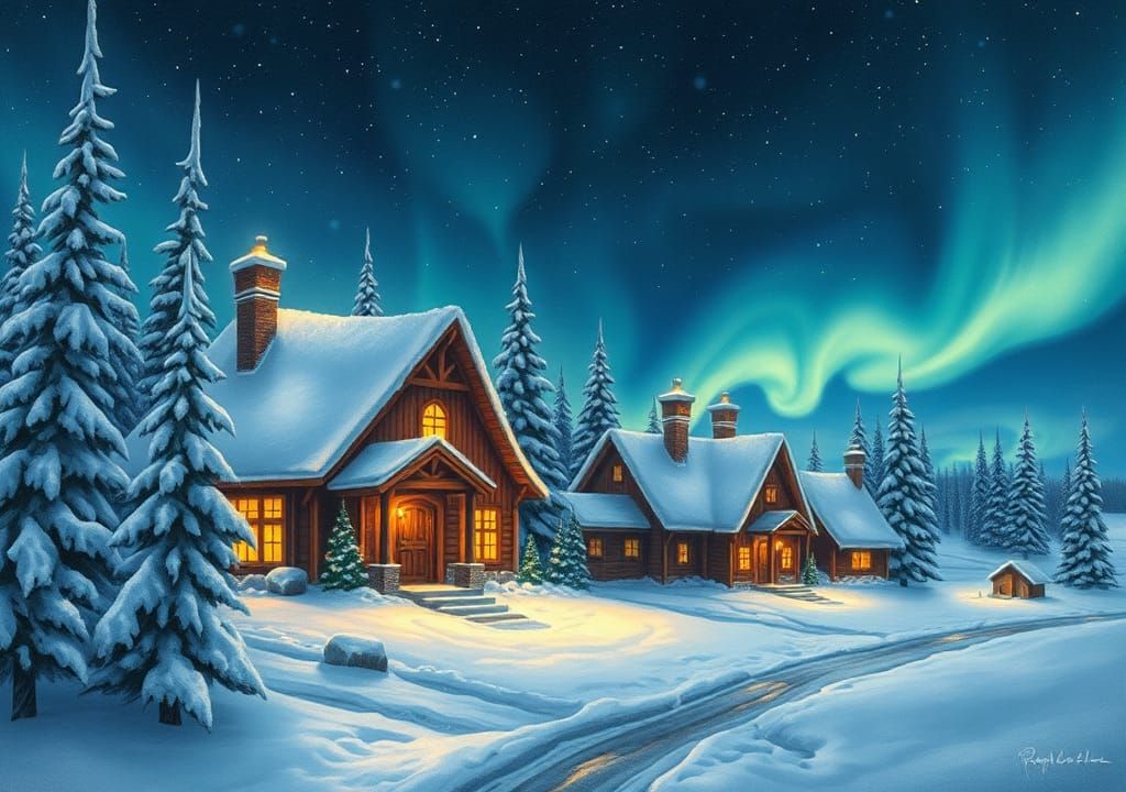 Arctic Village Under Aurora Borealis, Folk-Art Illustration
