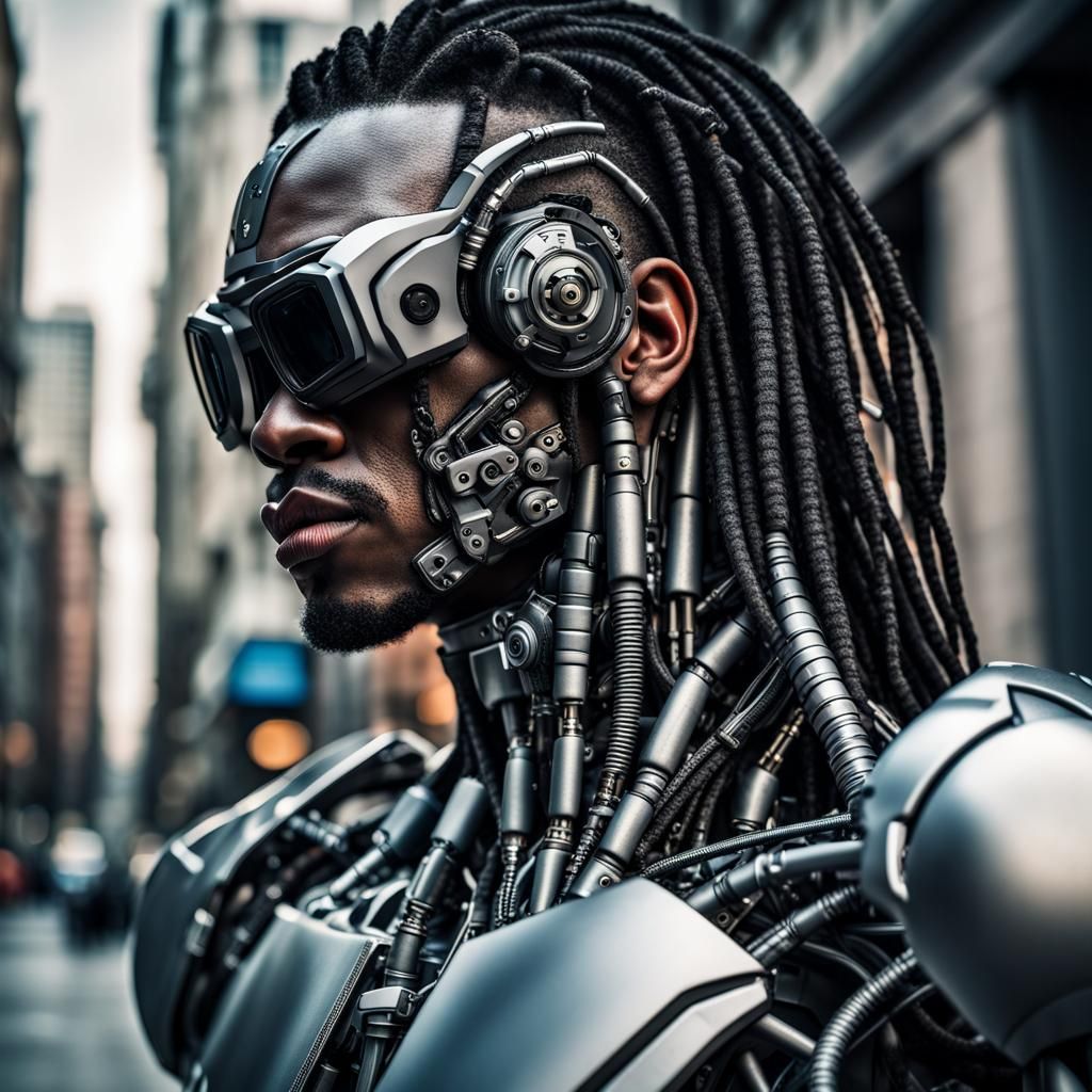 Hyperrealistic Cyborg with Dreadlocks in Cityscape