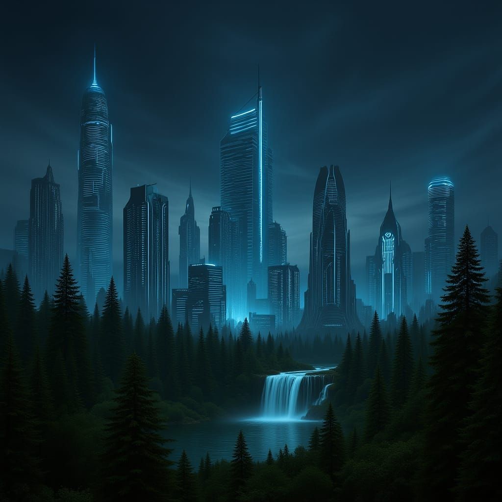 Hyperrealistic Cityscape Juxtaposed with Nature