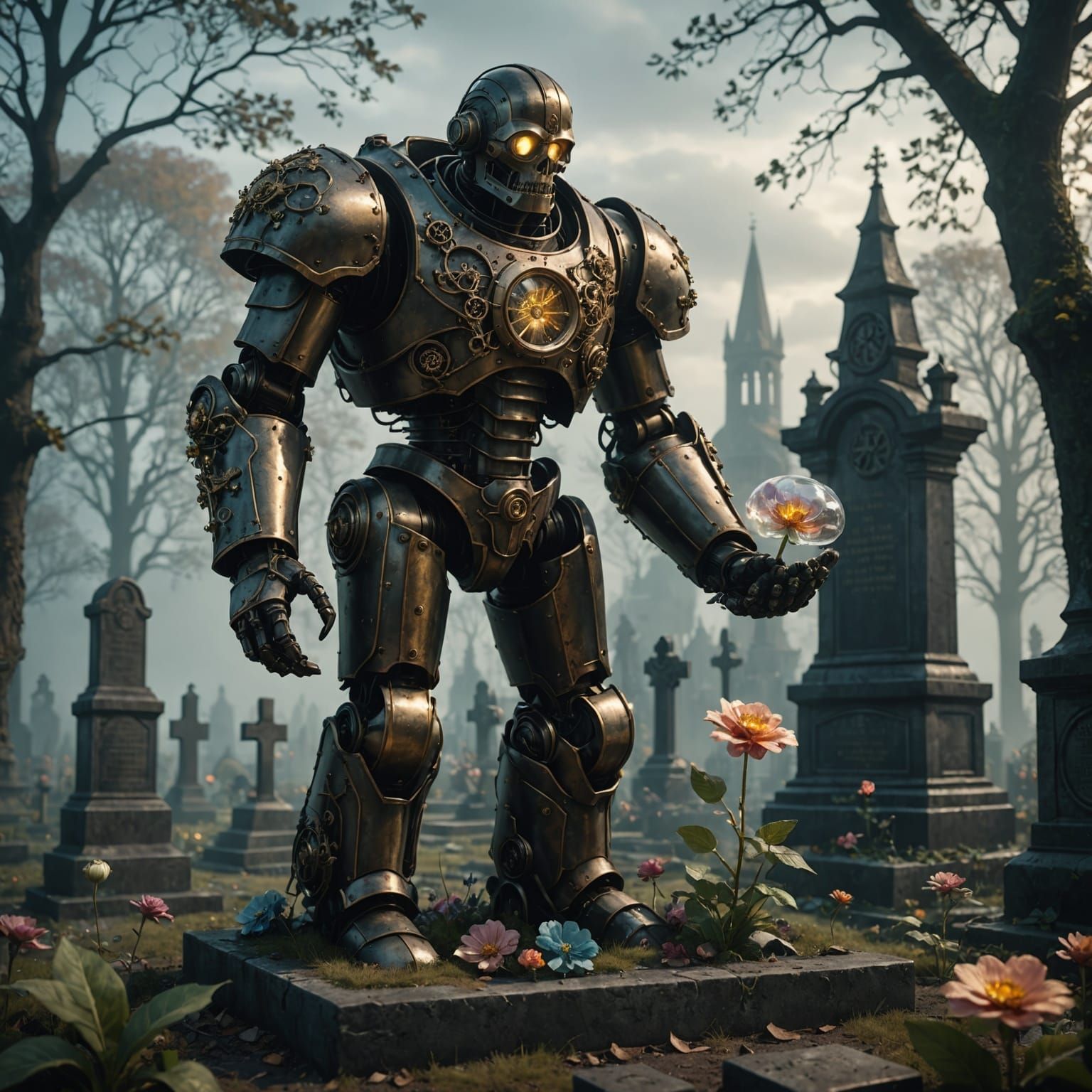 Steampunk Golem's Floral Tribute in Digital Painting Style