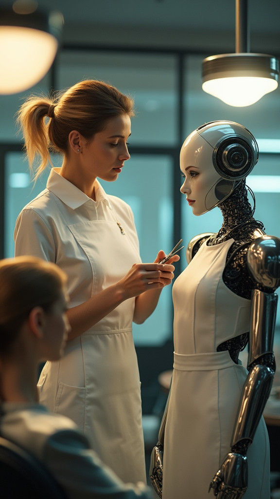 Futuristic Hairstylist and Robot Collaboration in Modern Sal...