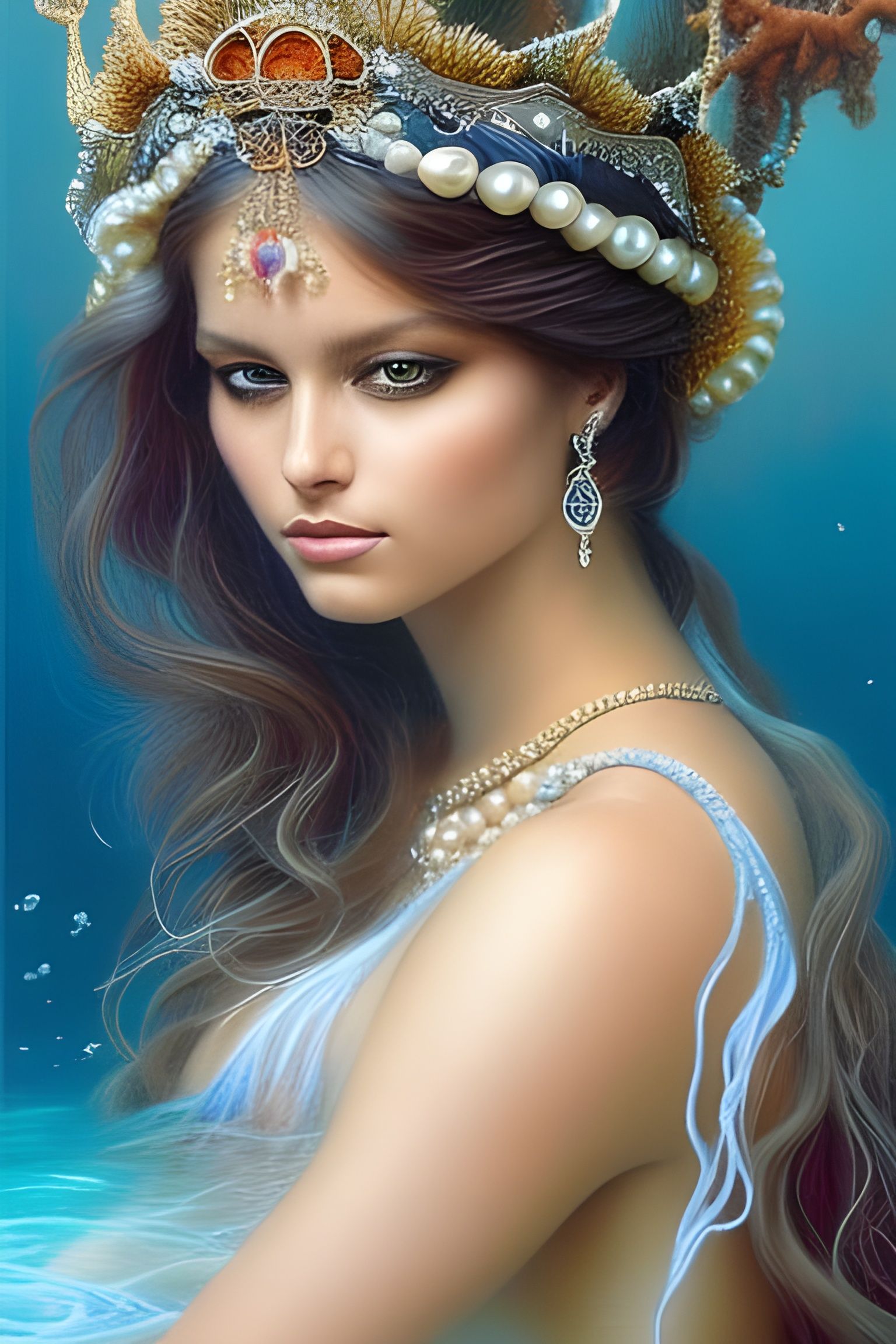 Mermaid Portrait with Seashell Crown, Fantasy Art