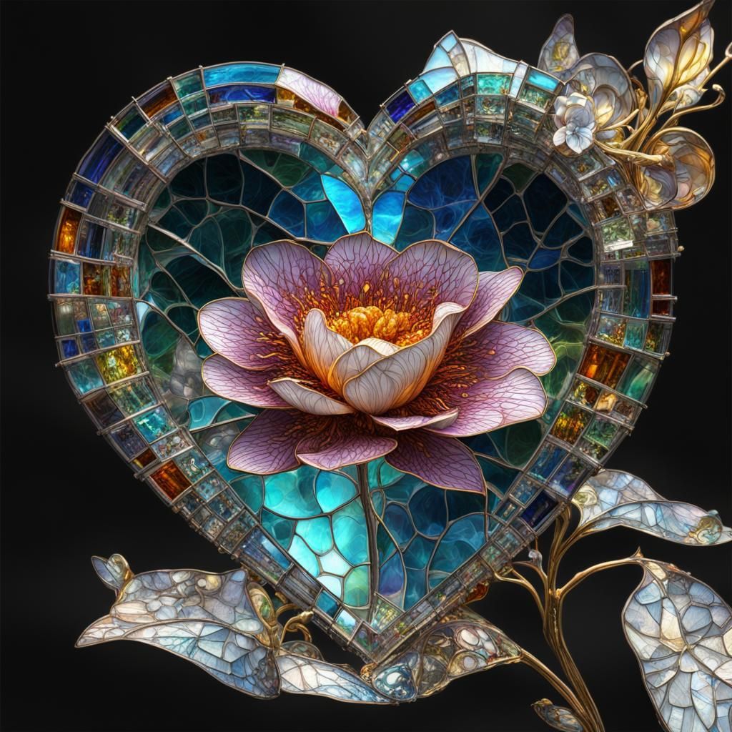 Steampunk Glass Heart Nirvana Flower in Psychedelic Futurism