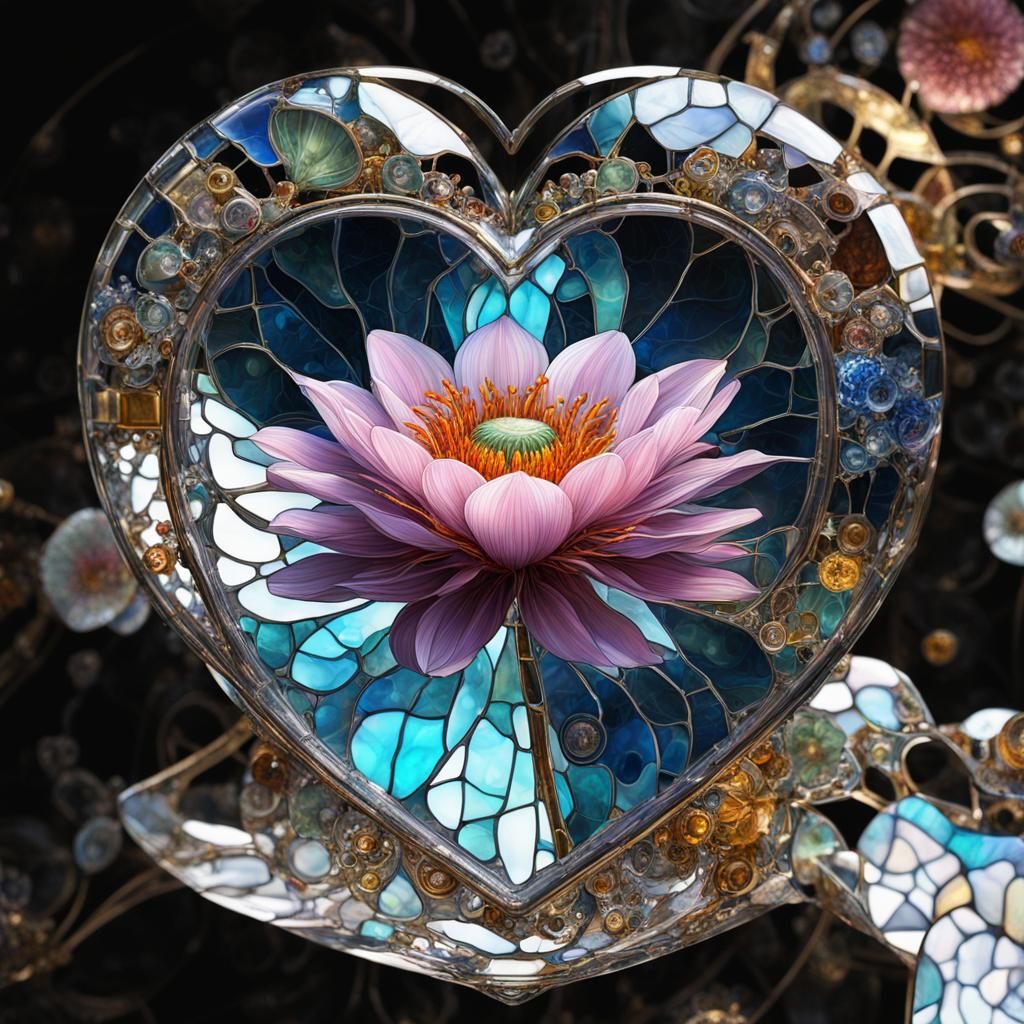 Steampunk Stained Glass Flower Heart in Futurism Style