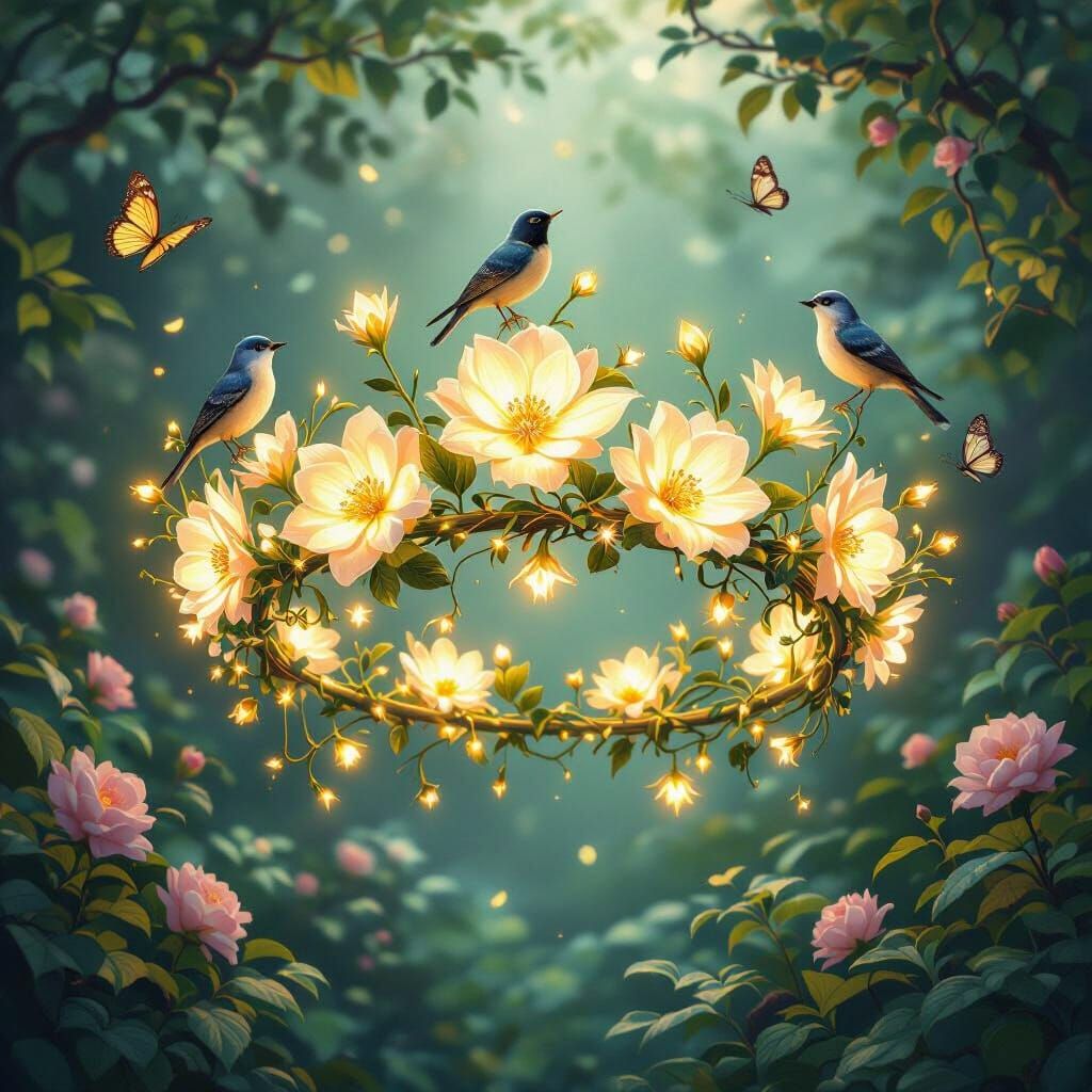 Mystical Crown of Glowing Flowers in Lush Garden