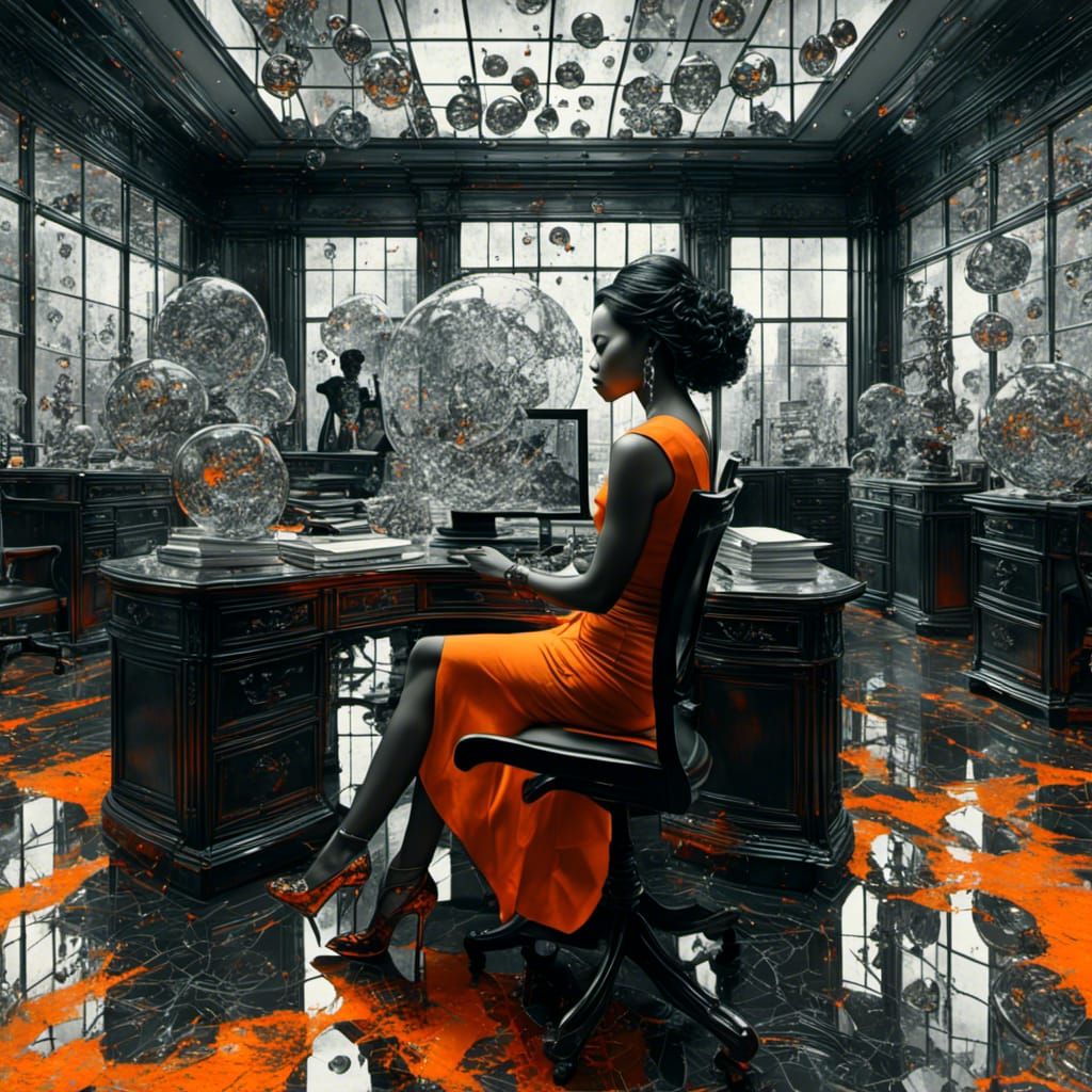 3D Blasian Woman in Glass Office with Diamond Heels