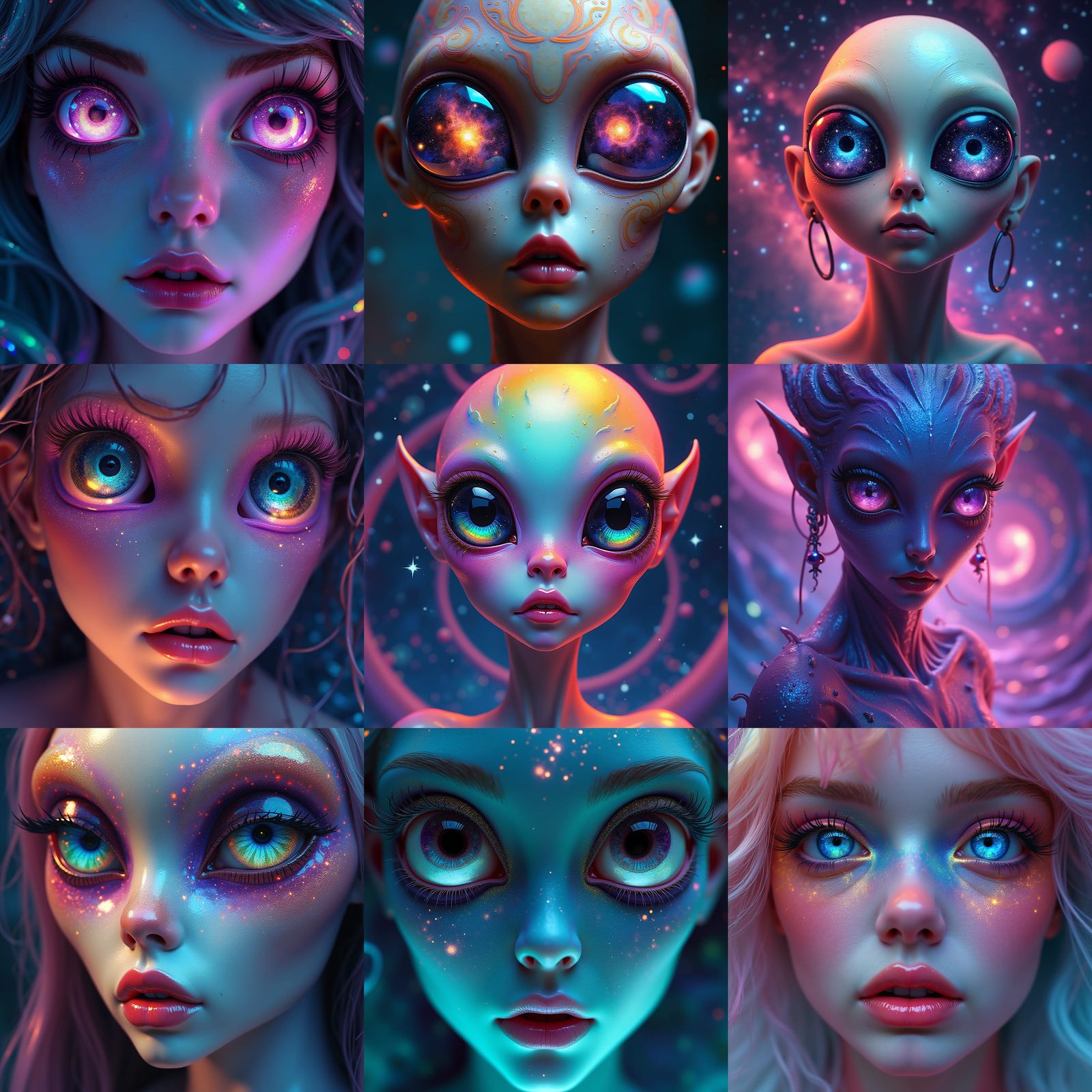 Psychedelic Alien Woman with Universe Reflected in Eyes